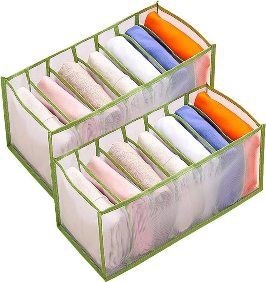 2 x Denim Compartiment Opbergdoos Kast Kledinglade Mesh Verdelingsdoos Kledingkast Kledingorganizer 7 Vakken Opvouwbare Lade Wasbaar Huishouden (Groen S (36 x 17 x 12 cm))