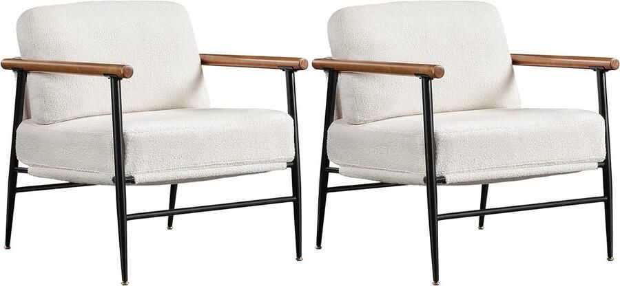 2 x gestoffeerde stoel met armleuningen van hout moderne loungestoel met metalen frame stijlvolle televisiestoel van bouclé-weefsel voor woonkamer slaapkamer ivoorkleurig