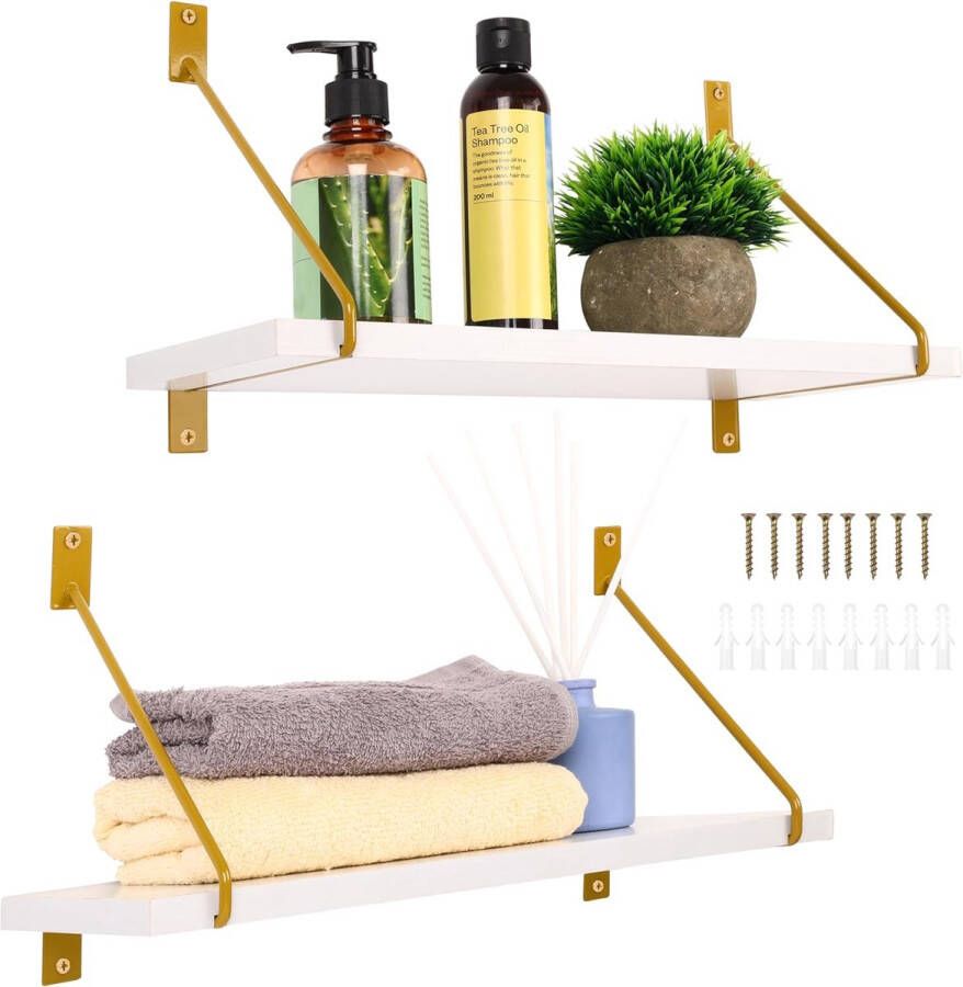 2 x houten wandplanken wandplankenset voor de keuken kantoor woonkamer set van 2 planken hangend 40 cm L keukenplank met metalen houtconstructie wit goud