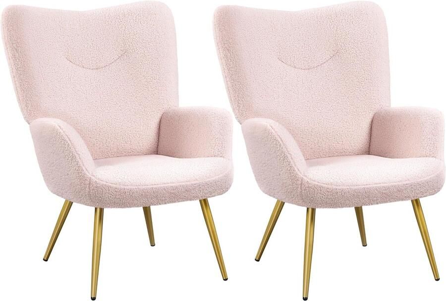 2 x moderne fauteuil oorfauteuil van bouclé-weefsel armstoel leunstoel beklede stoel tot 136 kg belastbaar roze