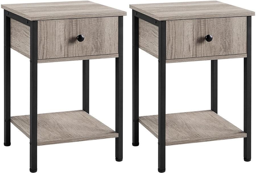 2 x nachtkastje met lade en plank industrieel design kleine salontafel met opbergruimte 40 x 40 x 61 cm grijs