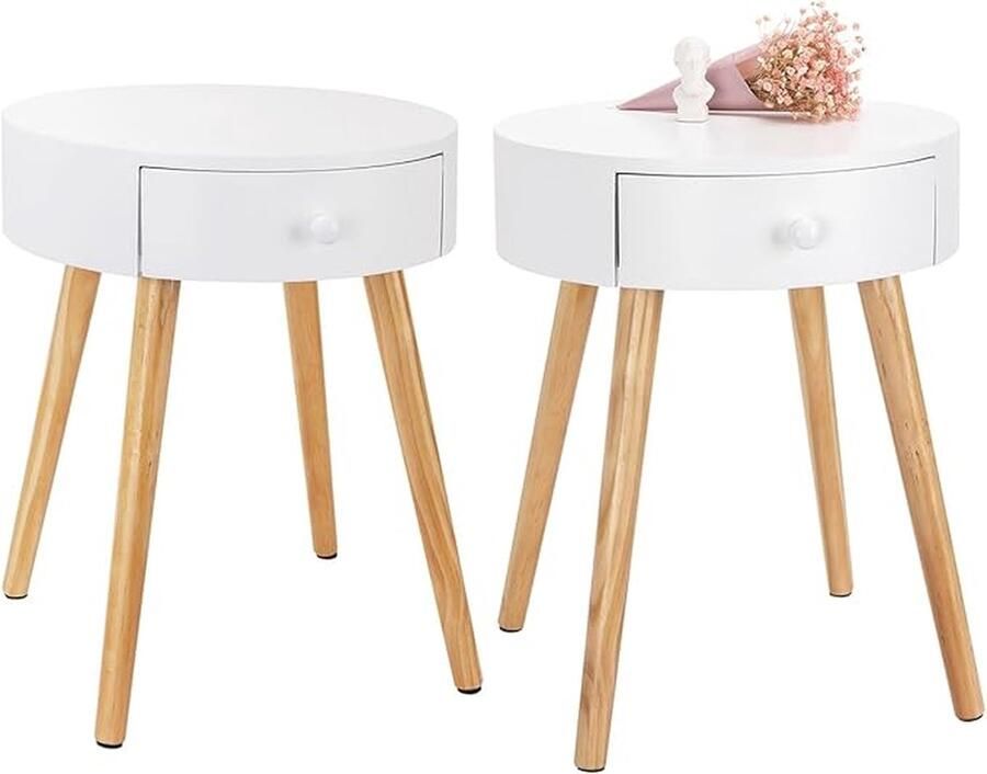 2 X Nachtkastjes Koffietafel met lade Lagetafel in MDF en poten in grenen 38x38x48cm Wit TS51ws-2