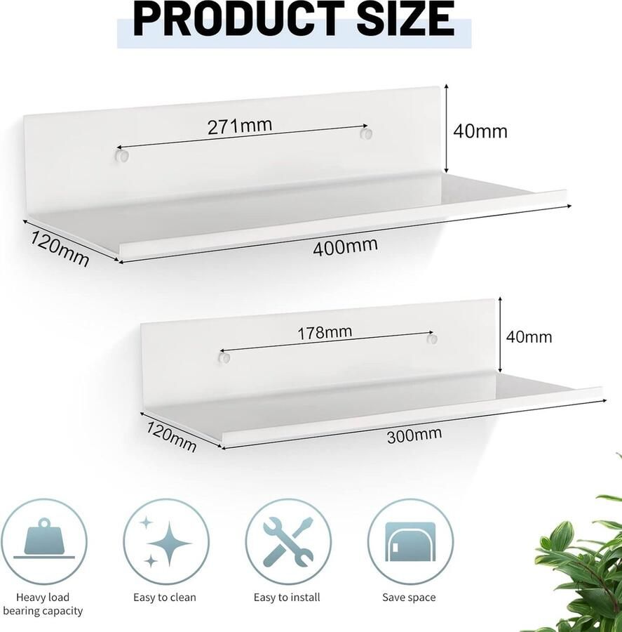 2 x wandplanken wit zelfklevend badkamerrek doucheplank keukenrek decoratief rakel klein rek zwevende planken 30 + 40 cm glanzend