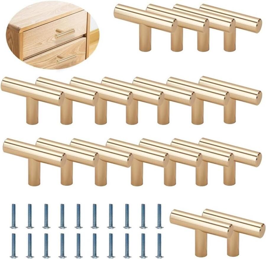 20-delige set gouden T-stangen Metalen keukenknoppen en ladegrepen Enkele handgreep voor woondecoratie Inclusief 40 mm schroeven Voor kasten en kledingkasten
