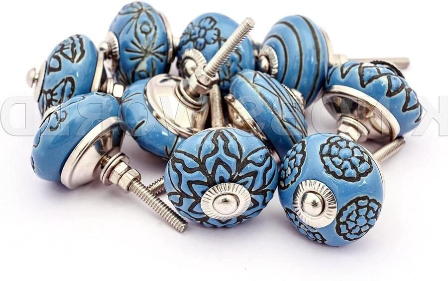 20 Mix Vintage Look Bloem Keramische Knoppen Deurgreep Kast Lade Kast Pull Blauw- Bloemvormig Retro Design