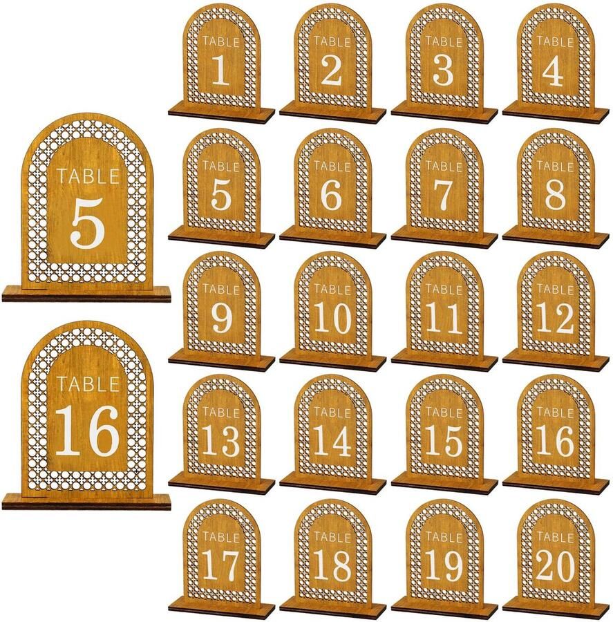 20 Pieces Wooden Table Numbers Rattan Arch Table Numbers 1-20 Wedding Reception Table Numbers with Stands for Wedding Banquet Restaurant Party Decoration (Wood Color)