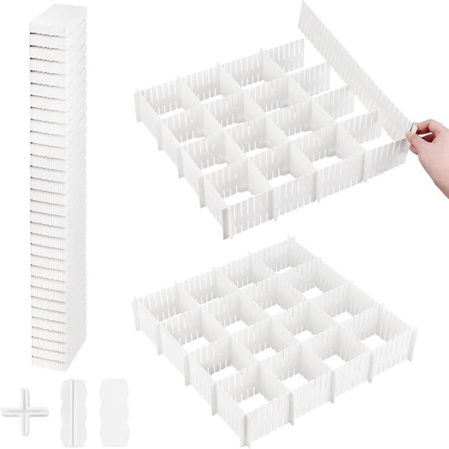 20 Stuks DIY Opslag Organizer Separator Verstelbare Lade Organizer met Bevestigende Gespen Connectoren Wit Multifunctionele Verdelers voor Sokken Ondergoed en Make-up