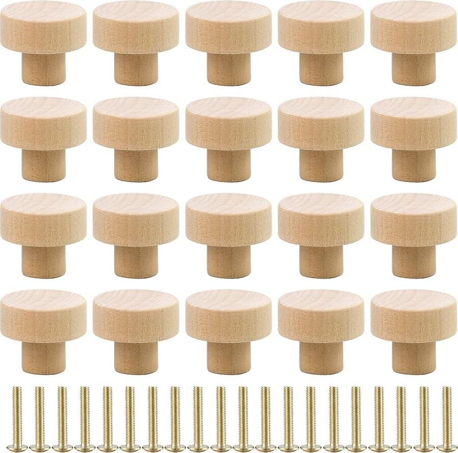 ALFFREUDE 20 stuks houten meubelknoppen ronde houten kastknoppen natuurlijke houten knop ladegrepen met schroeven voor kast kledingkast en lade 30 x 25 mm