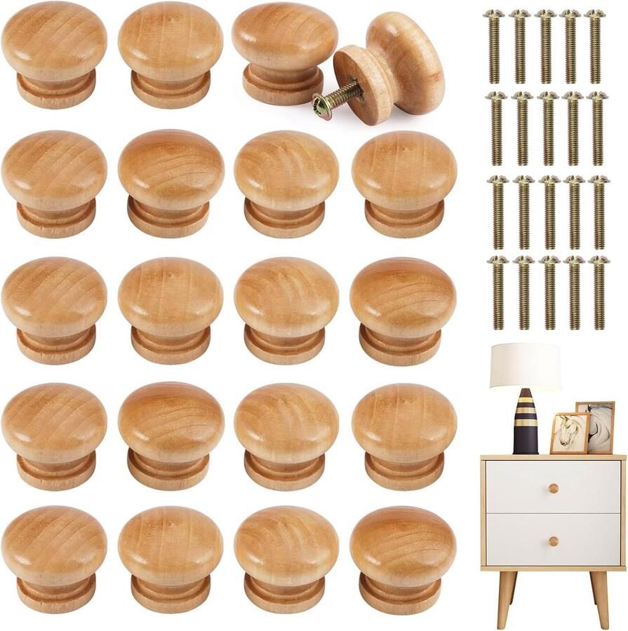 20 Stuks Houten Meubelknoppen Set 28 x 21mm Ronde Onbewerkte Houten Knoppen voor Deuren Meubelknoppen Hout met Schroeven Deur Lade Handgrepen voor Kasten en Bedside Tafels