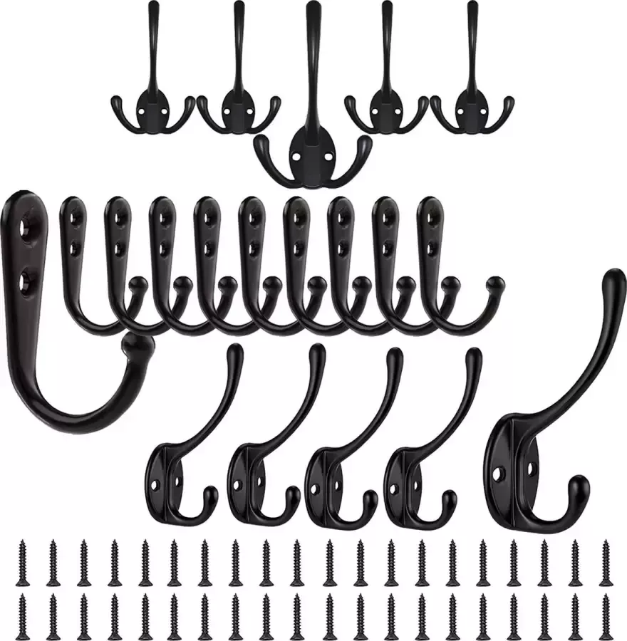 20 Stuks Kapstokhaak Vintage Zwarte Muurhaak Gemengde Stijl Kapstokhaak met 40 Ijzeren Spijkers voor Badkamer Keuken Slaapkamer(3 Stijlen)
