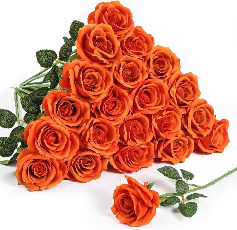 20 stuks kunstmatige rozen 10 cm grote bloemkop oranje rozen fluweel echte aanraking zijden neprozen lange stelen realistisch boeket voor Moederdag bruiloft tafel middelpunt