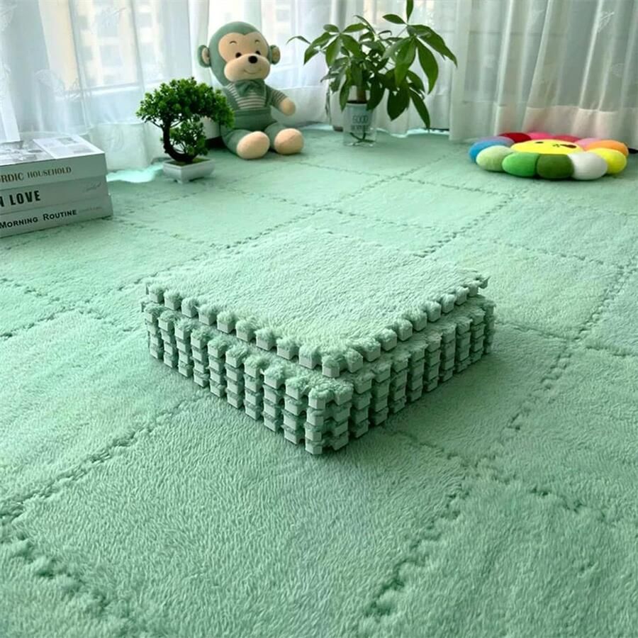 20 stuks pluche EVA-schuimvloermatten zachte pluizige babyspeelmatten vierkante in elkaar grijpende tapijttegels vloerkleden voor kinderkamers speelkamers slaapkamers en klaslokalen 30x30 cm Muntgroen
