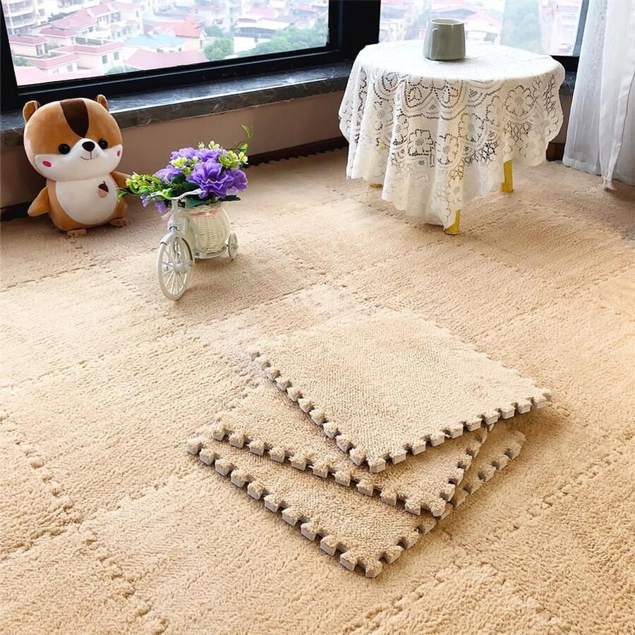 20 stuks pluche EVA-schuimvloermatten zachte pluizige babyspeelmatten vierkante in elkaar grijpende tapijttegels vloerkleden voor kinderkamers speelkamers slaapkamers en klaslokalen 30x30 cm Kameel