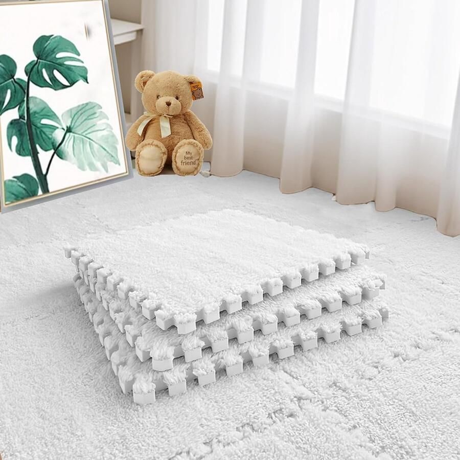 20 stuks pluche EVA-schuimvloermatten zachte pluizige babyspeelmatten vierkante in elkaar grijpende tapijttegels vloerkleden voor kinderkamers speelkamers slaapkamers en klaslokalen 30x30 cm Wit