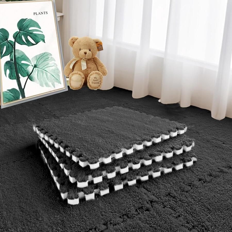20 stuks pluche EVA-schuimvloermatten zachte pluizige babyspeelmatten vierkante in elkaar grijpende tapijttegels vloerkleden voor kinderkamers speelkamers slaapkamers en klaslokalen 30x30 cm Zwart