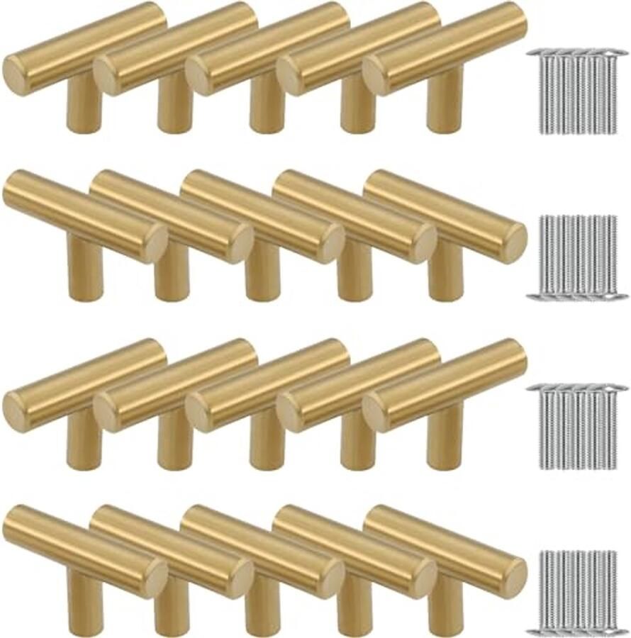 20 Stuks T-deurknoppen voor Meubels in Goudkleurig Roestvrij Staal Ideaal voor Keuken Kasten en Laden