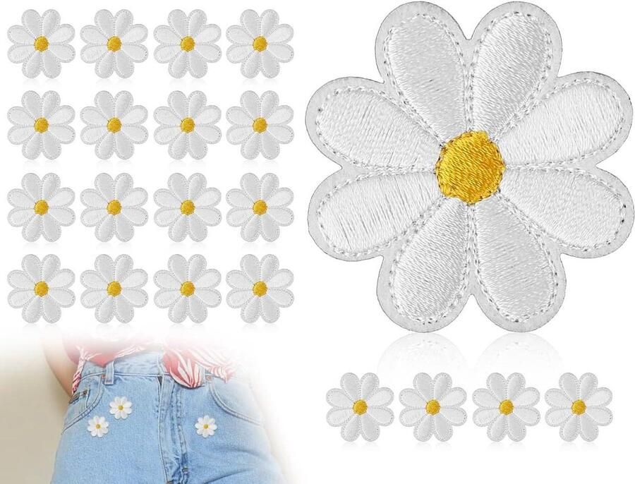 20 stuks witte madeliefjes opstrijkpatches met klittenband voor doe-het-zelf handwerk decoratie