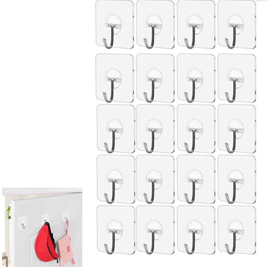 20-stuks Zelfklevende haken Wandhaken Zelfklevende kledinghaken Waterdicht Eenvoudig te installeren Beschadigt de muur niet Geschikt voor badkamer keuken deurpanelen buiten plafond kasten slaapkamer Transparant