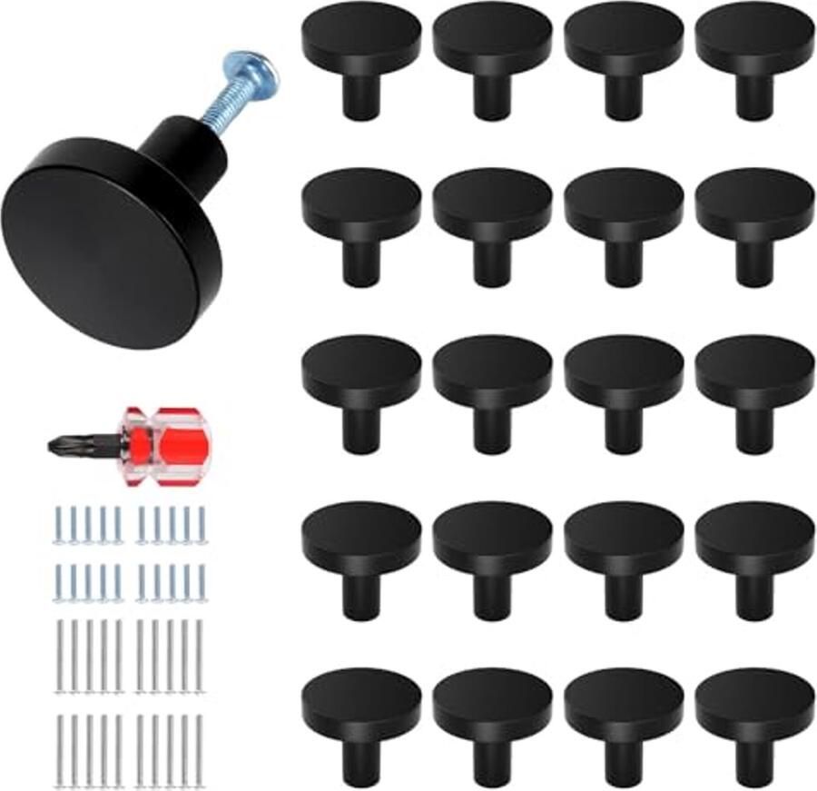 20 Stuks Zwarte Meubelgrepen voor Keuken en Kasten Elegante Ronde Deurknoppen van Mat Metaal
