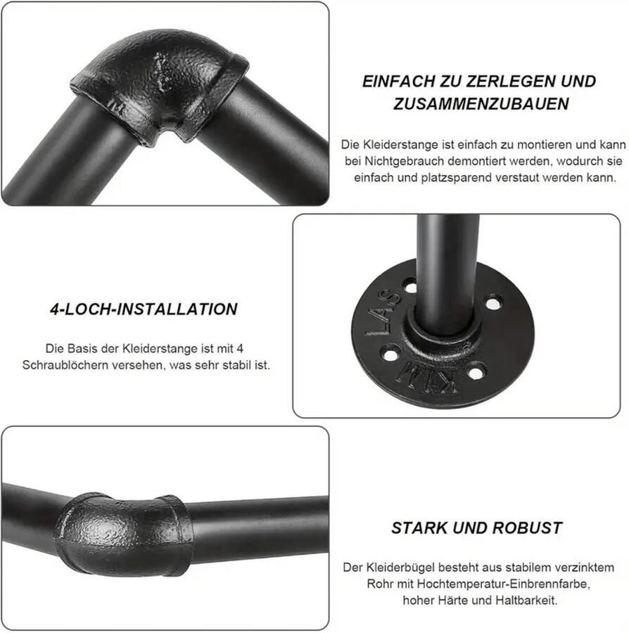 200cm Industriële Wandgemonteerde Kledingrail – Heavy Duty Roestvrijstalen Kledingstang met Vintage Zwarte Afwerking – Slaapkamer Wasruimte & Hal
