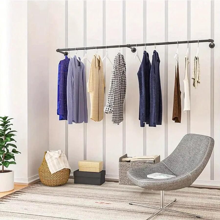 200cm Industriële Wandgemonteerde Kledingrail – Heavy Duty Roestvrijstalen Kledingstang met Vintage Zwarte Afwerking – Slaapkamer Wasruimte & Hal