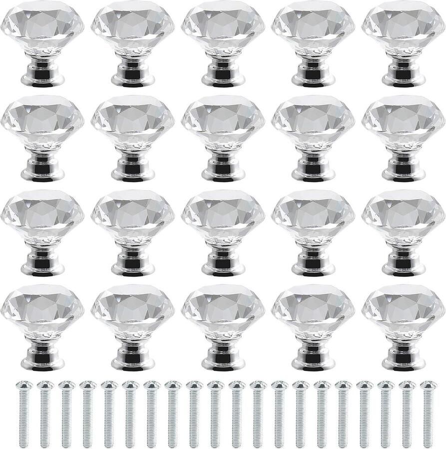 Fest 20pcs 30mm Transparent Crystal Glass Diamond Door Handle with Screws high-end Light Luxury Handle for Wardrobe Cabinet Drawer Handle Single Hole Handle for Home Decoration