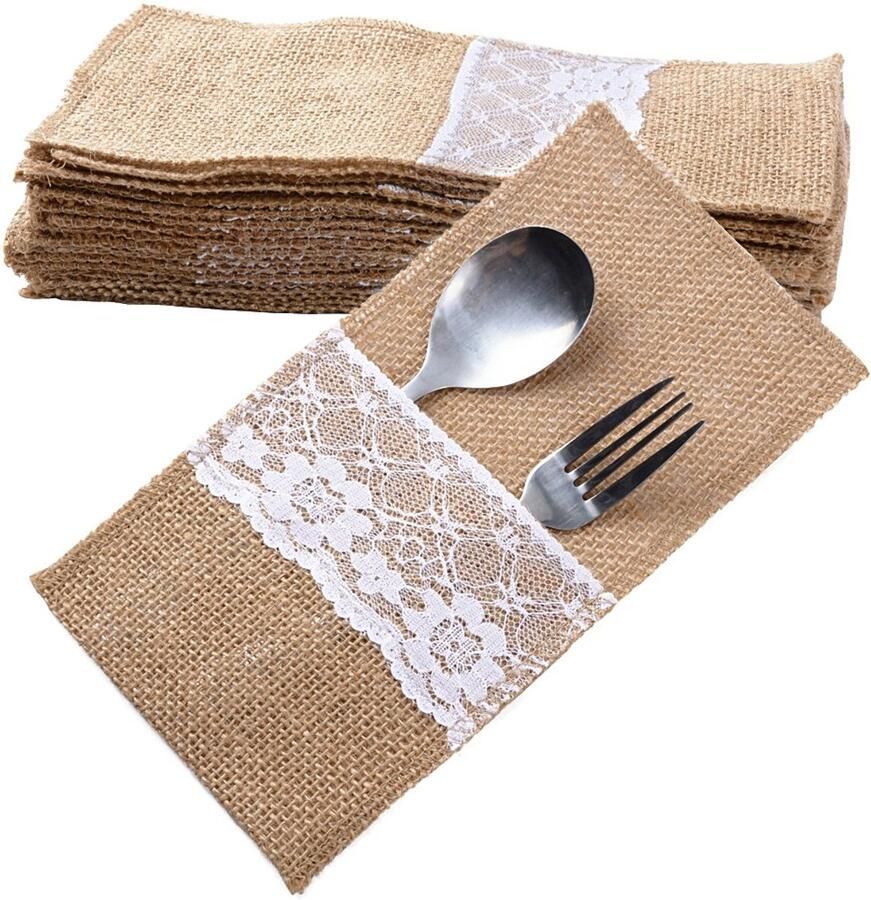 20pcs Jute Cutlery Bags Cutlery Holders Jute with Lace Knives and Forks Cutlery Set Wedding Vintage Decoration Table Decoration for Party Wedding Home