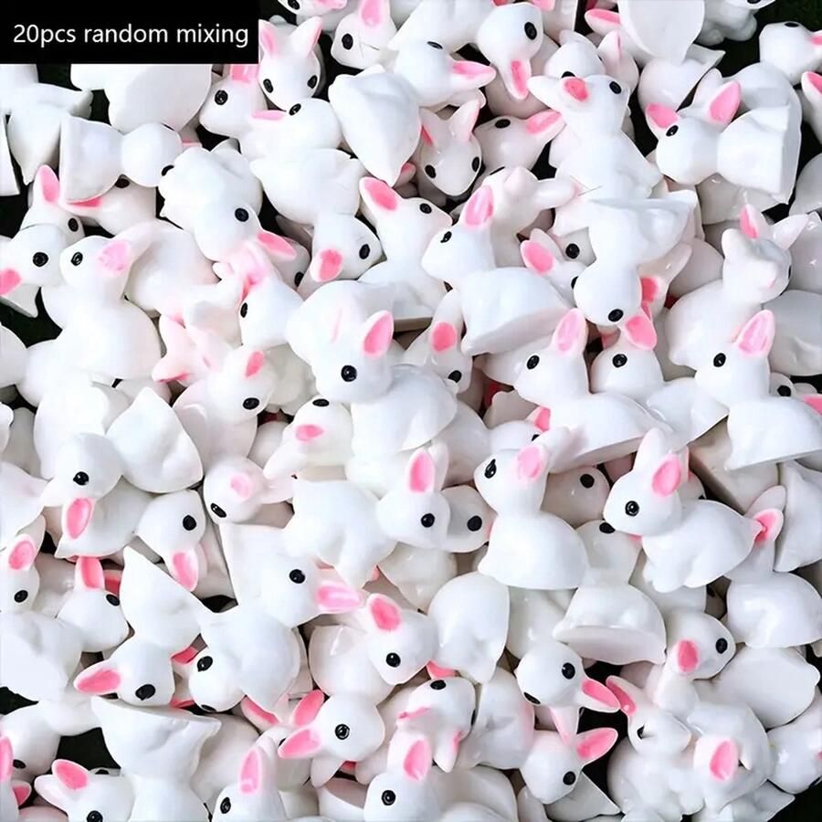 20pcs Set of Adorable Pink-Eared Mini Bunny Figurines Resin Rabbit Decor for Home Desk and Car