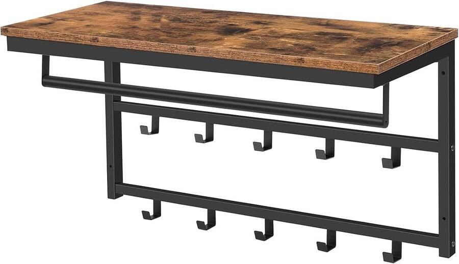 Kapstok Wandgarderobe wandkast met legbord en 10 haken industriële stijl vintage bruin-zwart