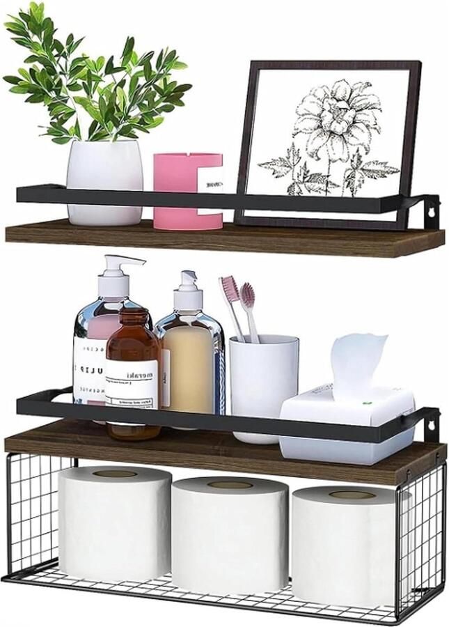 Tier Wall Mounted Floating Shelves Rustic Wood Bathroom Shelves with Metal Frame Farmhouse Decor for Kitchen and Living Room