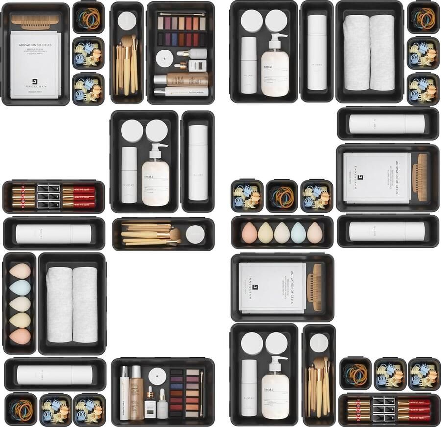 22 Stuks Zwart Lade Organizer Set Plastic Bureau Verdelers en Opbergbakken voor Make-up Sieraden en Gadgets