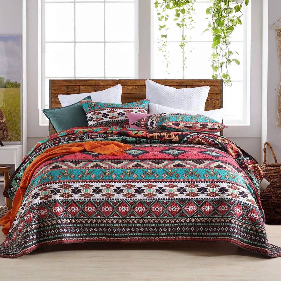 220 x 240 cm boho-stijl deken van microvezel voor bed Indiaas tweepersoonsbed bedsprei kleurrijke gewatteerde dekenset met kussen