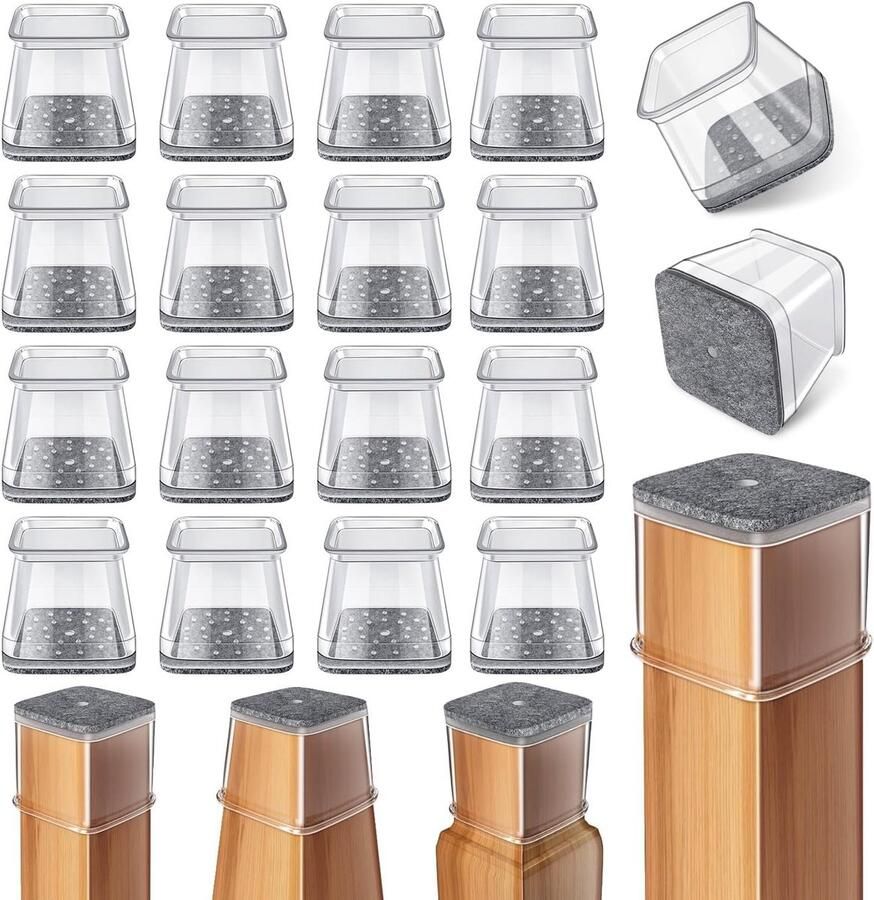 24 STUKS Chair Leg Floor Protectors Square Silicone Felt Furniture Leg Pads Caps Covers for Hardwood Floors (Fit:1.1inch to 1.49inch)Stille elastische tafel- en stoelvoethoezen