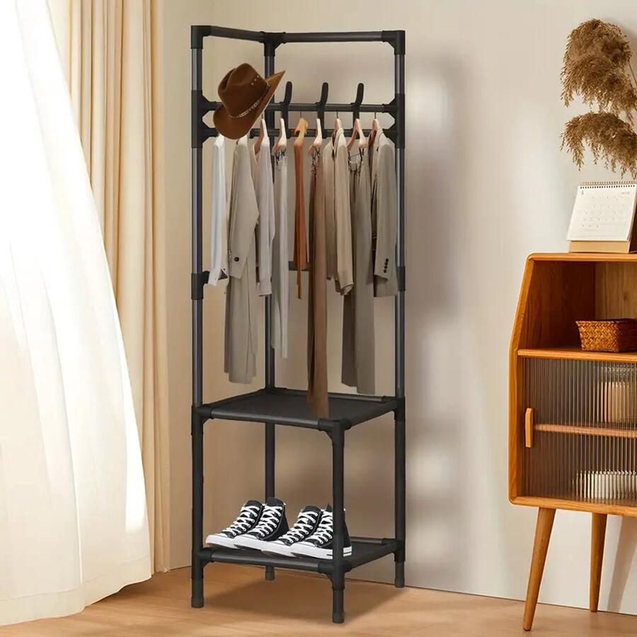 2 3-Laags Uitbreidbare Metalen Hoekkast – Staande Verticale Kapstok met 14 Haken – Ruimtebesparende Organizer voor Slaapkamer Hal & Kantoor – Zwart