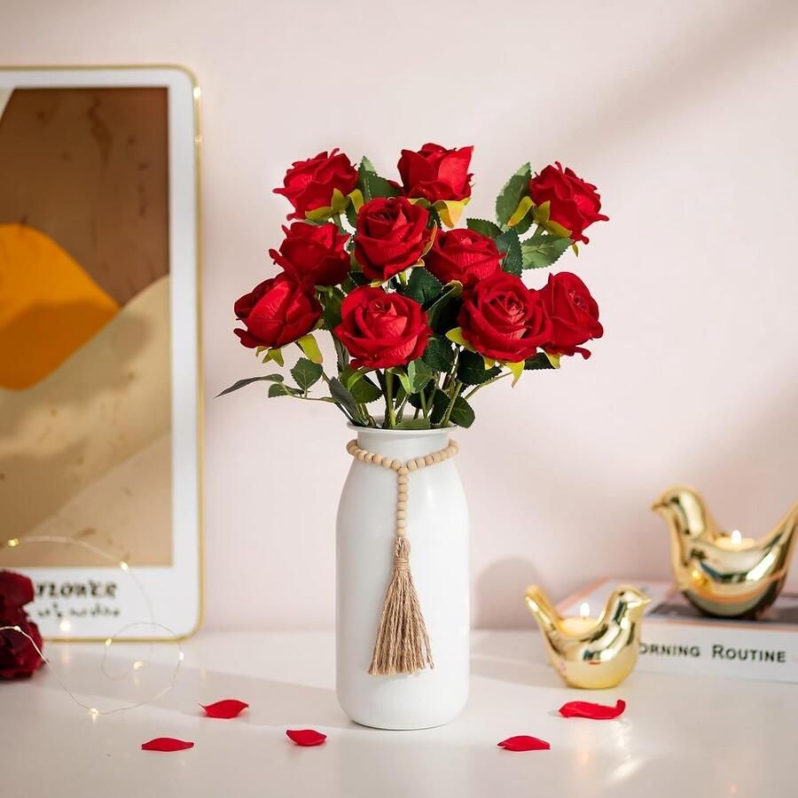 Witte Metalen Bloemenvaas 23cm Boho Vazen met Kralensnoeren voor Pampasgras Grote Rustieke Vaas voor Tafel Woondecor Matte Cilindervaas voor Kunstbloemen Rozen Twijgen