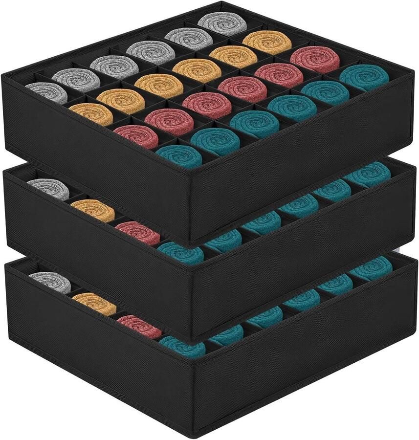 24 Cells Foldable Storage Boxes 3 Drawer Set for Underwear Bras Socks Ties and Scarves in Black