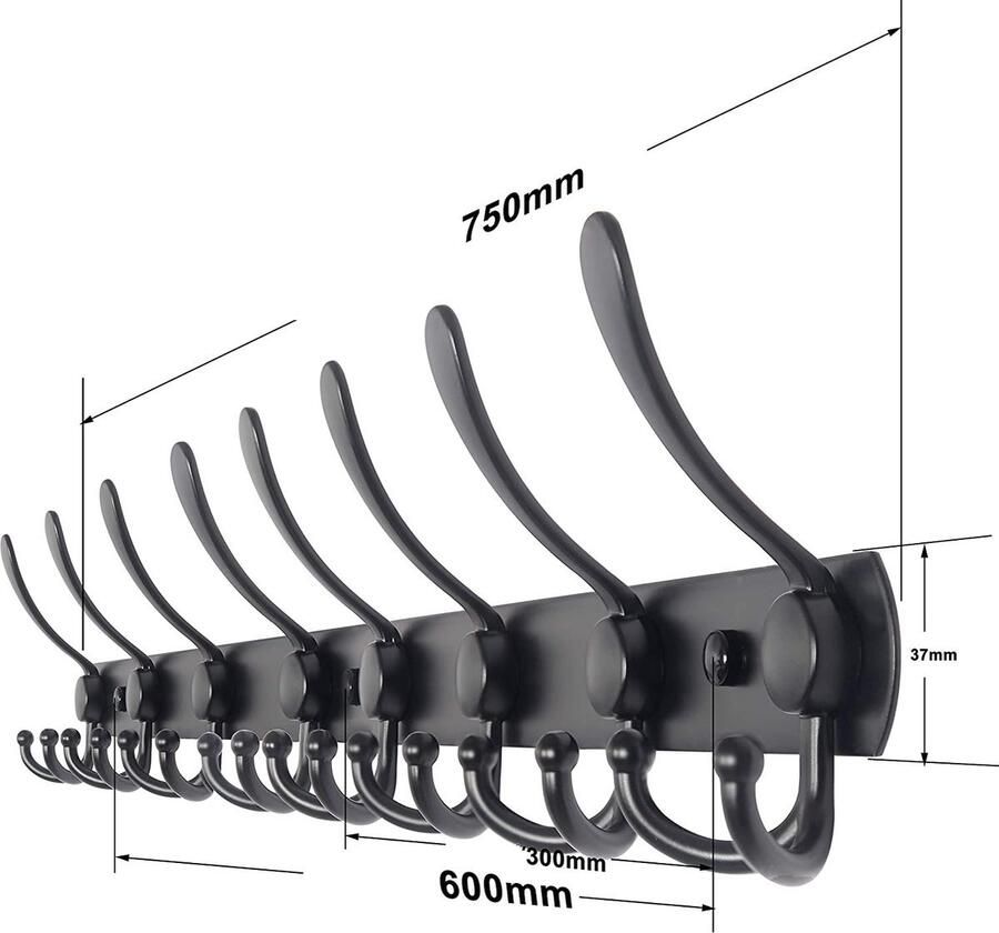 24 Haaks WandkapstokZwarte Wandkapstok 75 cm – RVS Design Kapstok met 24 Haken – Moderne Muurkapstok voor Jassen en Tassen – Inclusief Bevestigingsmateriaal