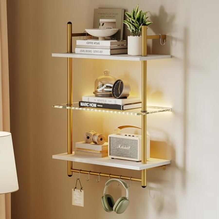 24 Inch Wandplanken met LED Verlichting Drie Laags Muur Planken met Haken voor Keuken Badkamer en Woonkamer