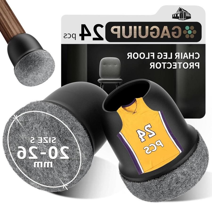 24 Pack Black Chair Leg Caps with Felt Glides Silicone Protective Caps for Angled Chair Legs 2.5cm