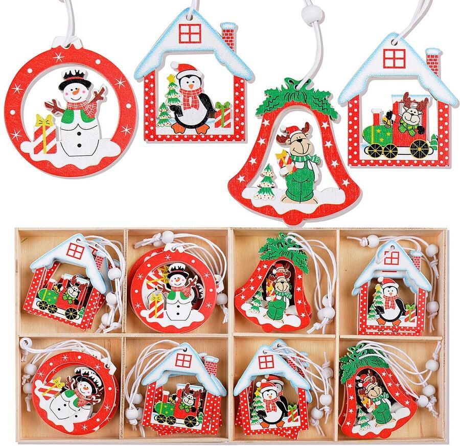 24 pieces Christmas decoration wooden hanging ornaments with Christmas hut and bauble pattern Christmas pendant decoration for Christmas tree decoration etc. (4 styles)