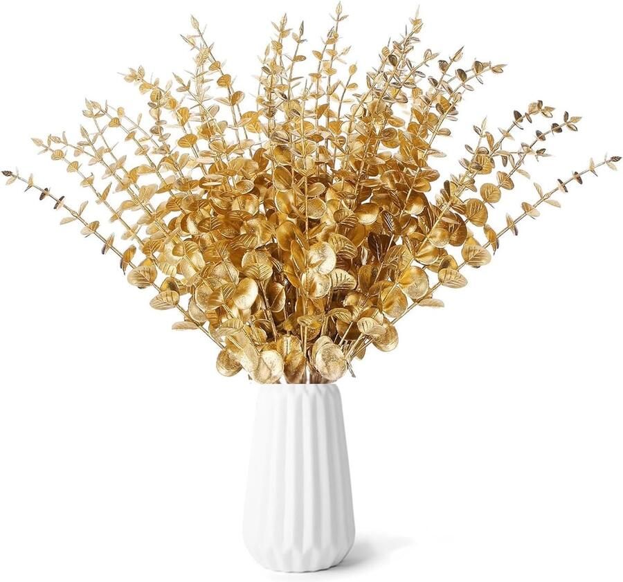 24 stuks kunstmatige eucalyptus tak gouden eucalyptus decoratie eucalyptus bladeren gebruikt voor Kerstmis decoratieve eucalyptus stengel kunstplanten voor bruiloft feest huis tuin tafel bloemen goud