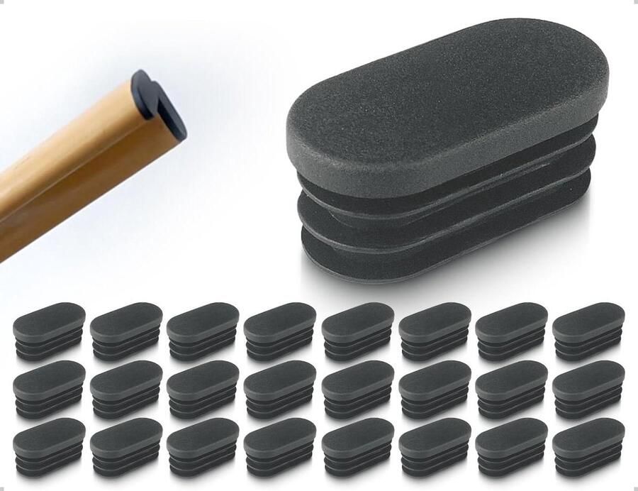 Allecto Plus Stoelpootdoppen Meubels Tafelstoelen Kunststof Schuifdeuren Buisdoppen Ovaal 16 x 34 mm Zwart Set van 24 stuks
