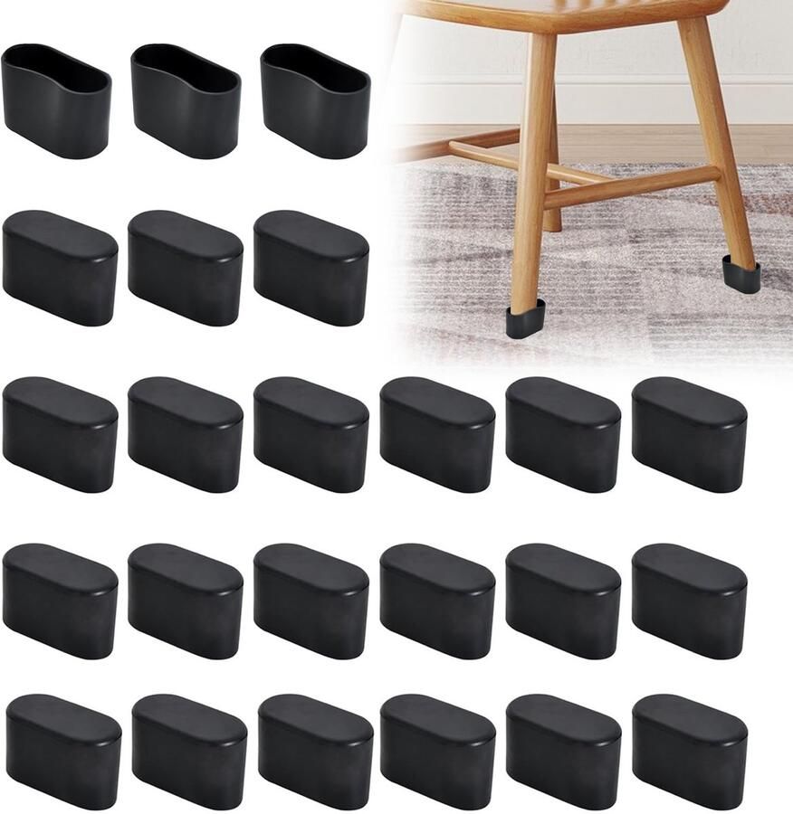 24 Stuks OVALE Stoelpootbeschermers 40x20 mm Speciaal voor SCHUINE Stoelpoten & Tuinstoelen Slijtvaste Silicone Vloerbeschermers Krasvrij op Tegels & Buitenvloeren Eenvoudige Klembevestiging Zonder Lijm