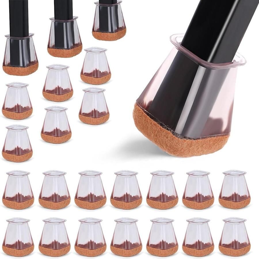 24 stuks Stoelpootdoppen hoekig transparant siliconen Stoelpootbeschermers met vilten kussens 13-20 mm Geen lawaai geen krassen Vierkant S (fit: 13-20 mm) stoelpootbeschermers