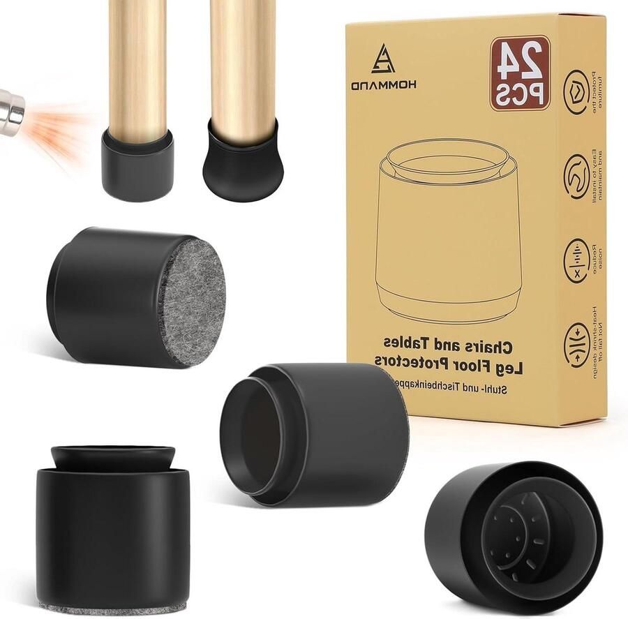 24 Stuks TPR Zwarte Stoelpoothoezen Vloerbeschermers voor Hardhouten Vloeren met Vilt Pads Vloerbeschermer