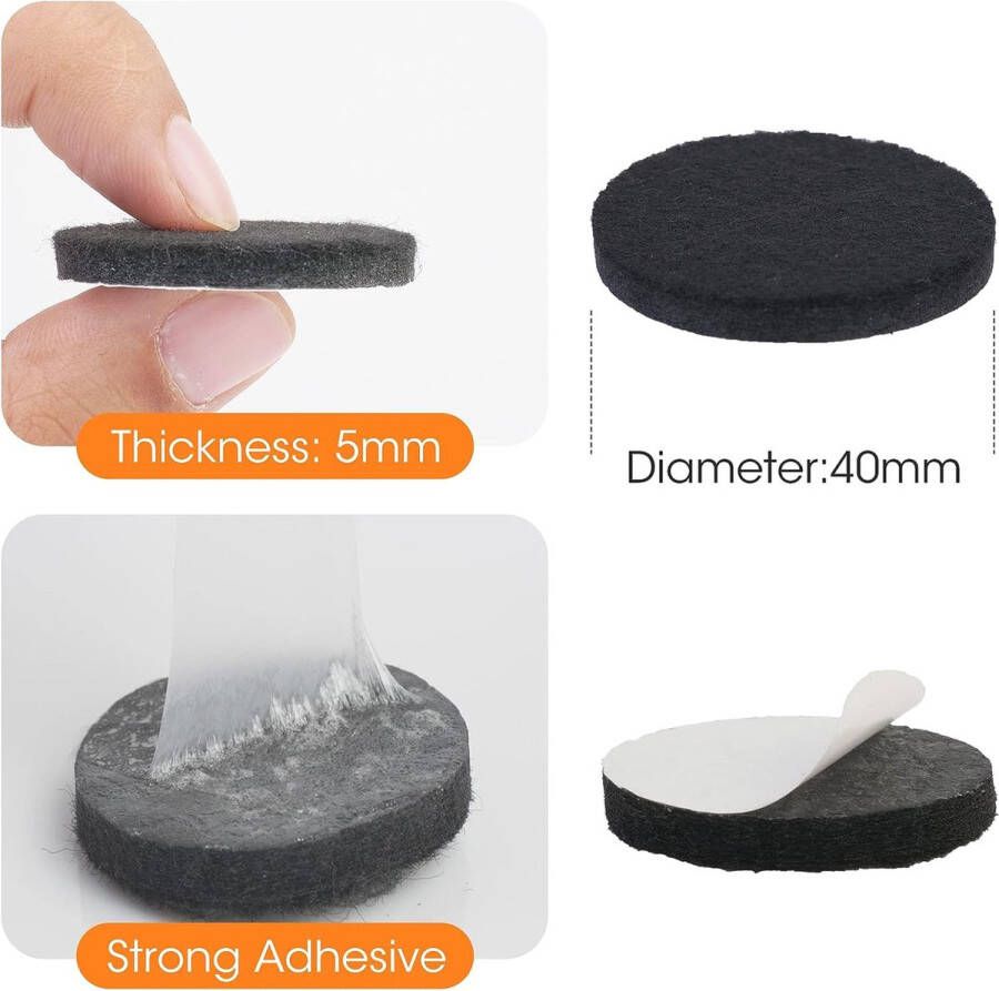 24 stuks viltglijders 40 mm zwart zelfklevend vloerbescherming vilt 5 mm dik meubelglijders voor meubelpoten (rond 40 mm)