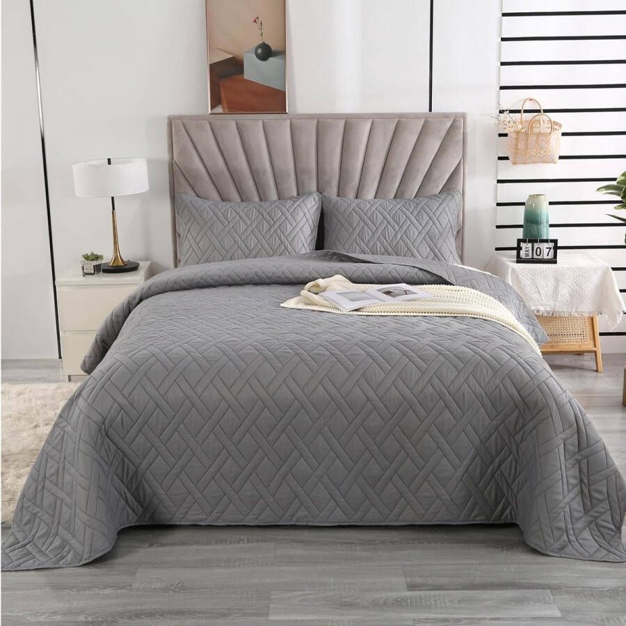 240 x 260 cm bedsprei grijs microvezel sprei set met 2 kussenslopen van 50 x 75 cm voor tweepersoonsbed lichte zomerdeken bij 3D-ultrasjaal genaaid bankplaid