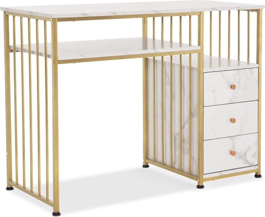 2407 Bureau met laden make-uptafel zonder spiegel marmer wit goud van hout metalen frame computertafel woonkamer modern