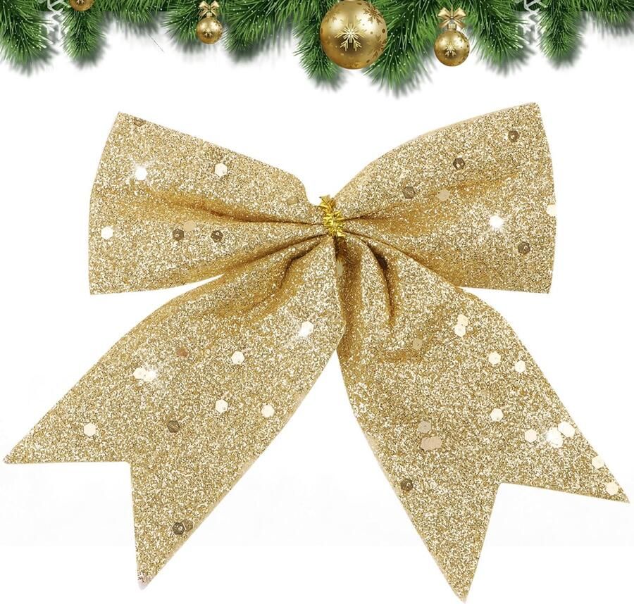 24pcs Christmas Bows for Tree Decorations Glitter Wreaths Bows Sequins Tree Arch for Christmas Wreaths Tree Ornaments Gift Box Decor (Champagne)