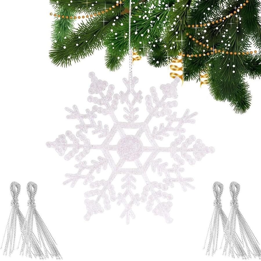 24pcs Christmas Snowflakes Pendants Glitter White Plastic Hanging Ornaments Christmas Decoration Snowflakes Decoration for Christmas Tree Decorations Christmas Tree Decorations etc